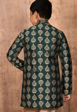 Embroidered Dupion Silk Sherwani in Dark Green