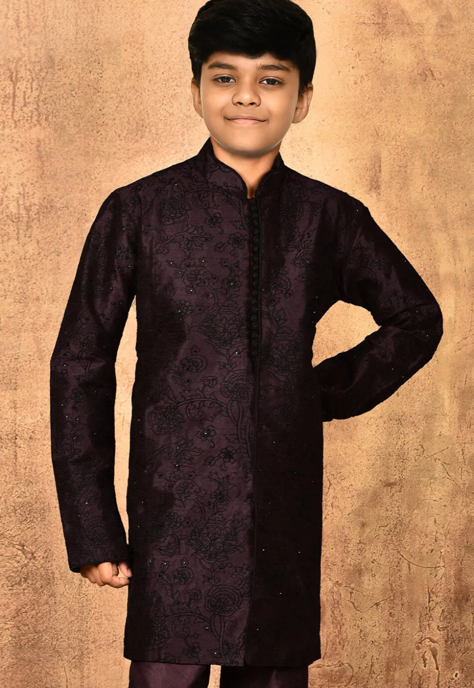 Embroidered Dupion Silk Sherwani in Wine