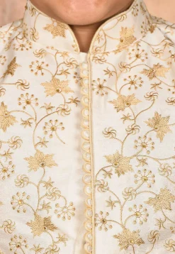 Embroidered Dupion Silk Sherwani Set in Cream