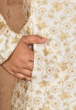 Embroidered Dupion Silk Sherwani Set in Cream