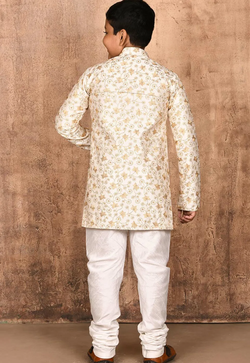Embroidered Dupion Silk Sherwani Set in Cream