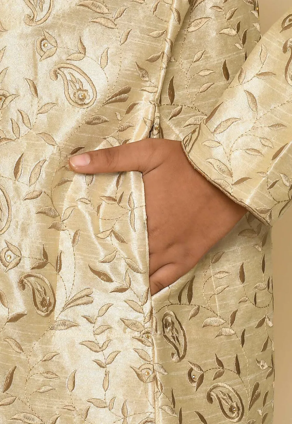 Embroidered Dupion Silk Sherwani Set in Light Beige