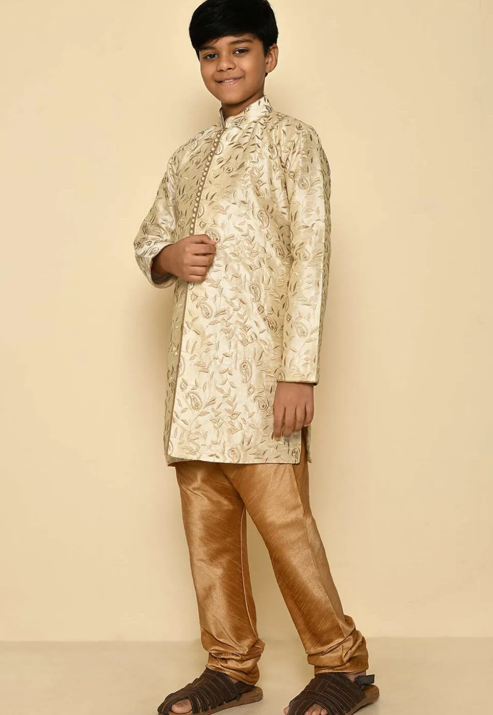Embroidered Dupion Silk Sherwani Set in Light Beige