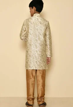 Embroidered Dupion Silk Sherwani Set in Light Beige
