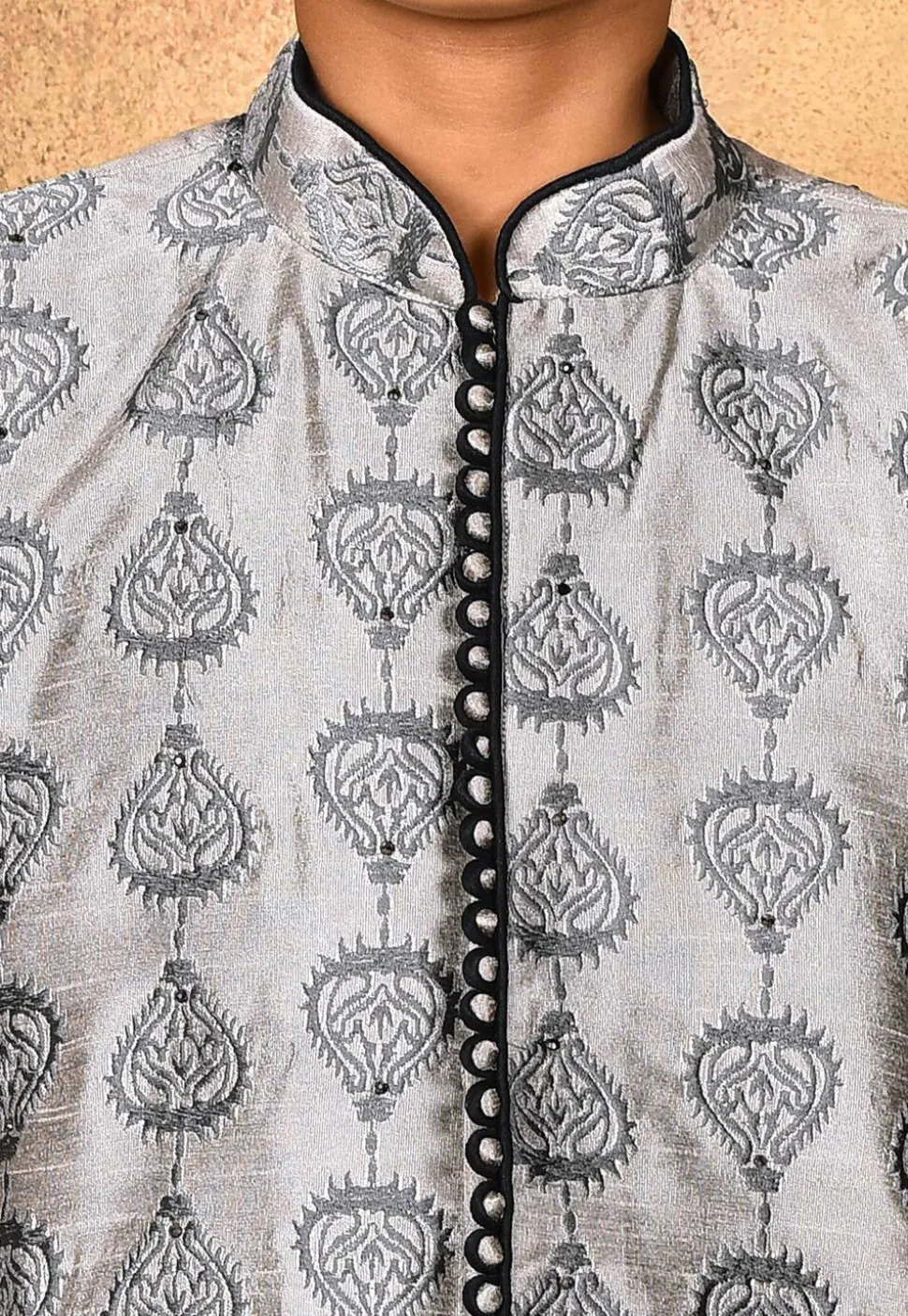 Embroidered Dupion Silk Sherwani Set in Grey
