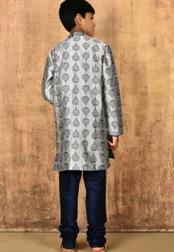 Embroidered Dupion Silk Sherwani Set in Grey