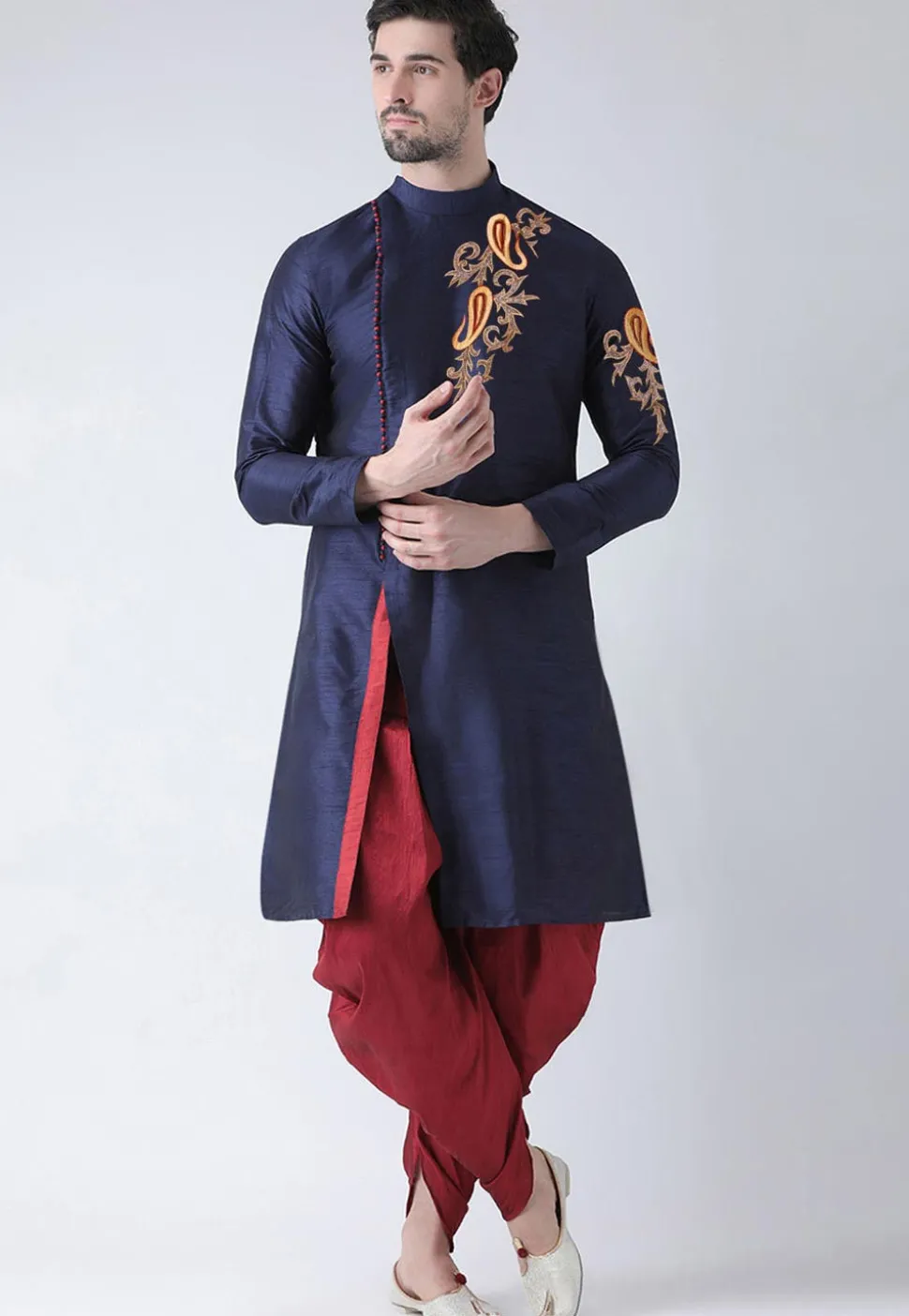 Embroidered Dupion Silk Side Slit Dhoti Kurta in Navy Blue