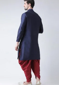 Embroidered Dupion Silk Side Slit Dhoti Kurta in Navy Blue