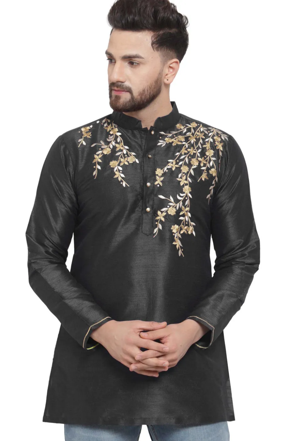 Embroidered Dupion Silk Short Kurta in Black