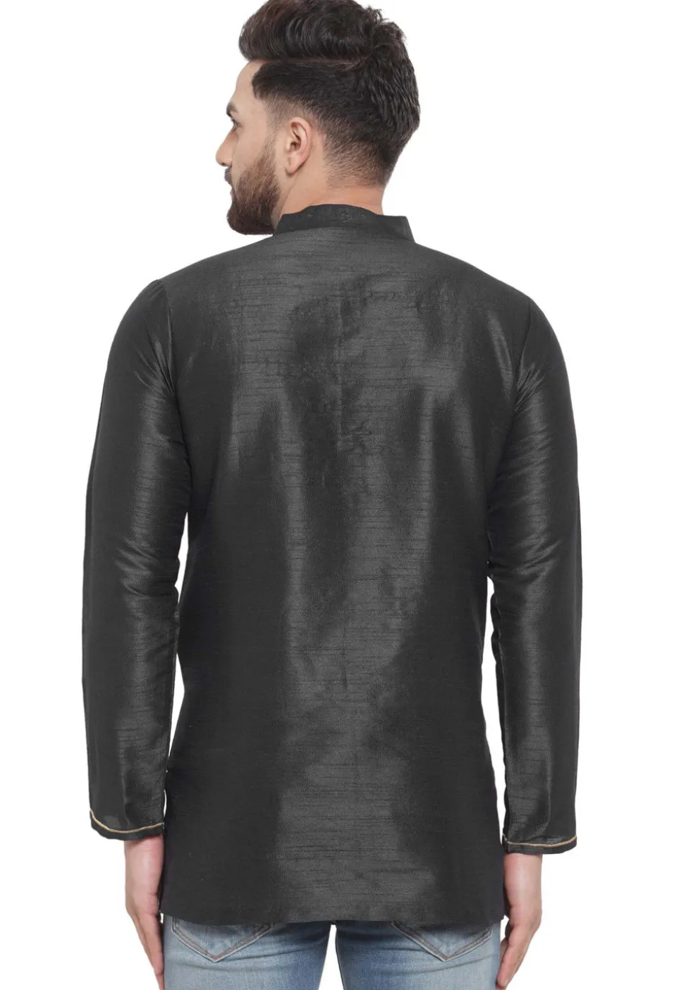 Embroidered Dupion Silk Short Kurta in Black