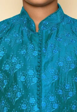 Embroidered Dupion Silk Sherwani Set in Teal Blue