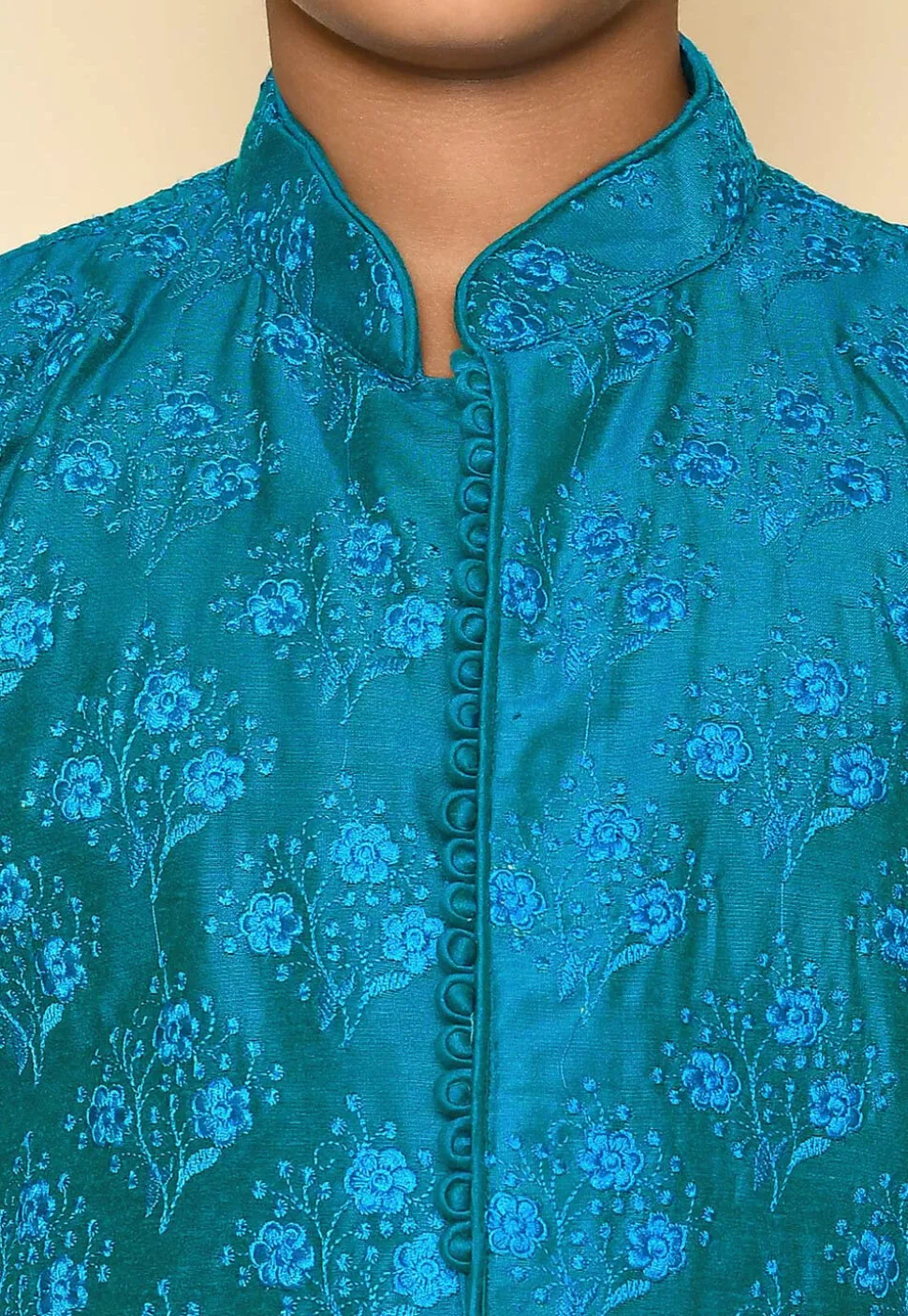 Embroidered Dupion Silk Sherwani Set in Teal Blue