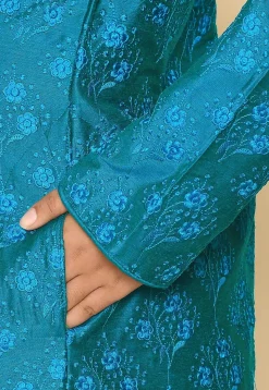 Embroidered Dupion Silk Sherwani Set in Teal Blue