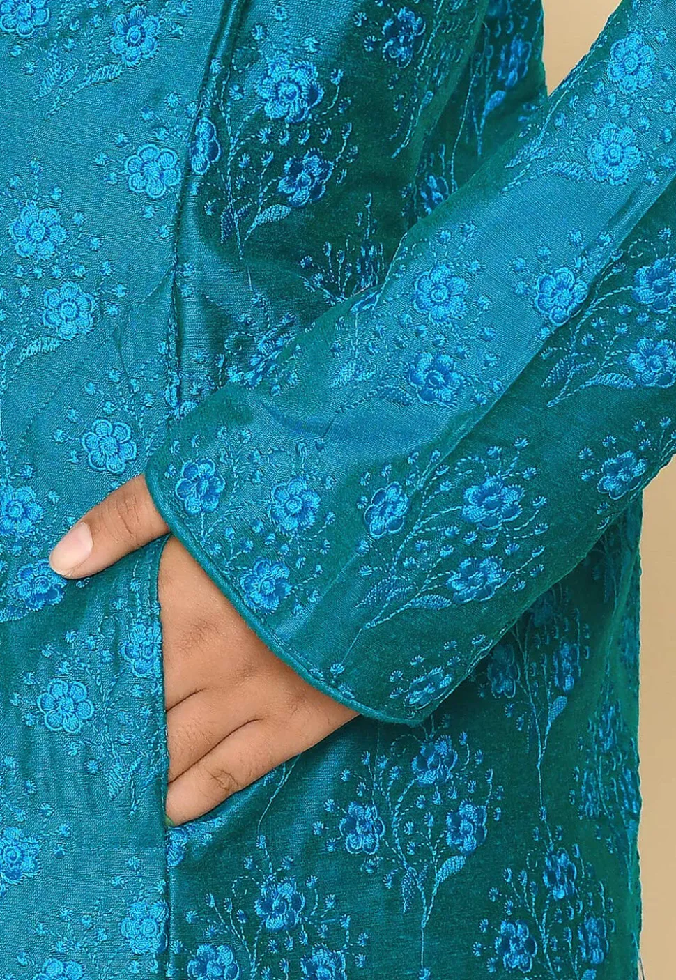 Embroidered Dupion Silk Sherwani Set in Teal Blue