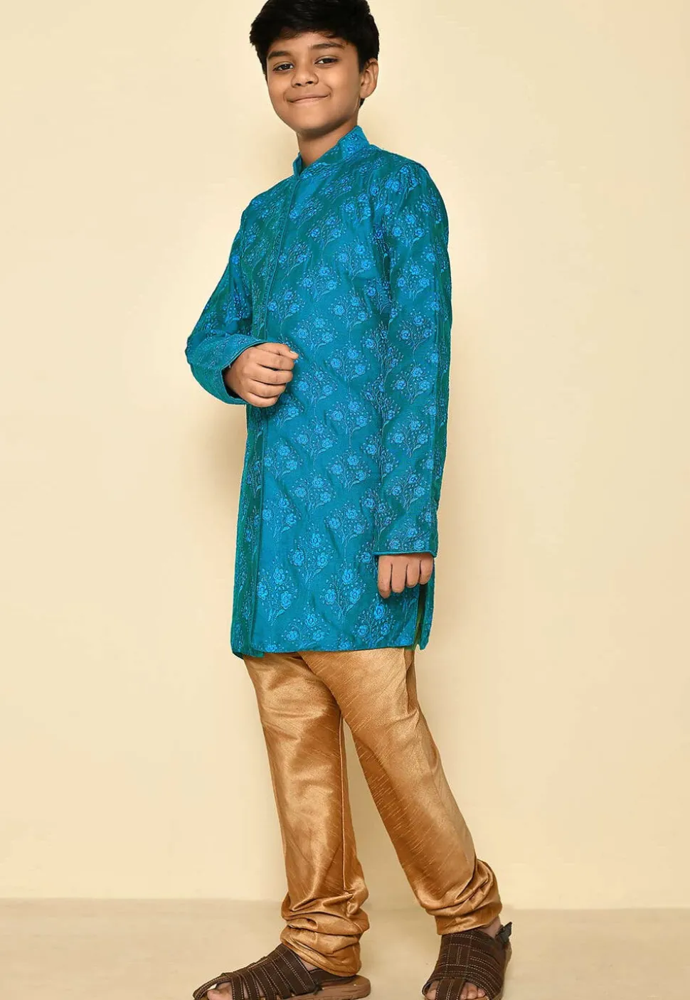 Embroidered Dupion Silk Sherwani Set in Teal Blue