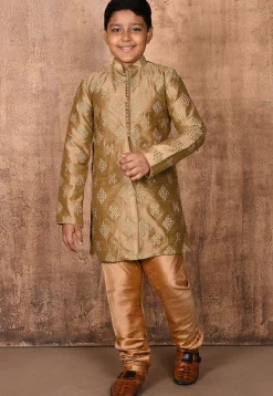 Embroidered Dupion Silk Sherwani in Beige