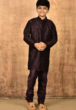 Embroidered Dupion Silk Sherwani Set in Wine