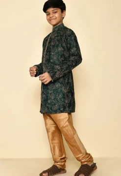 Embroidered Dupion Silk Sherwani Set in Dark Green