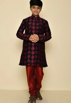 Embroidered Dupion Silk Sherwani Set in Black