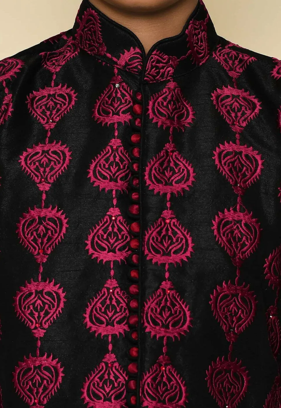 Embroidered Dupion Silk Sherwani Set in Black