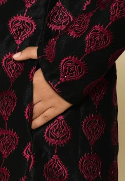 Embroidered Dupion Silk Sherwani Set in Black