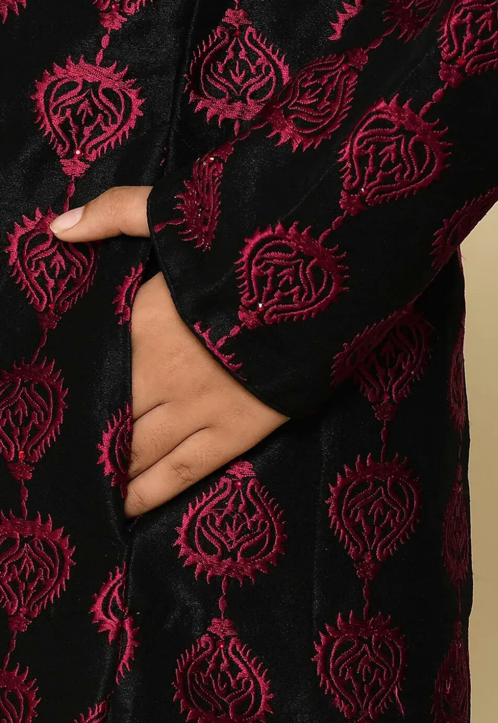Embroidered Dupion Silk Sherwani Set in Black