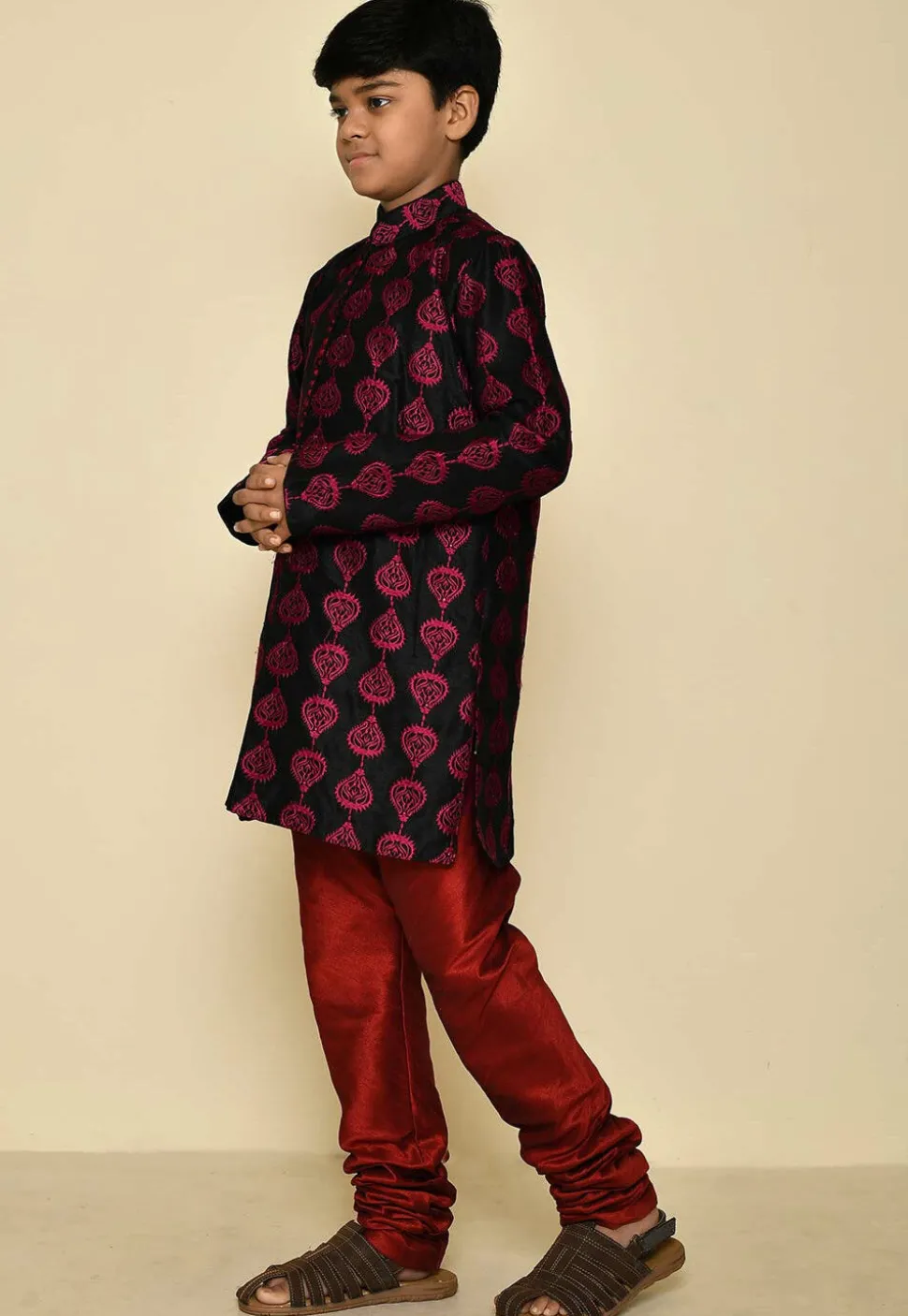 Embroidered Dupion Silk Sherwani Set in Black
