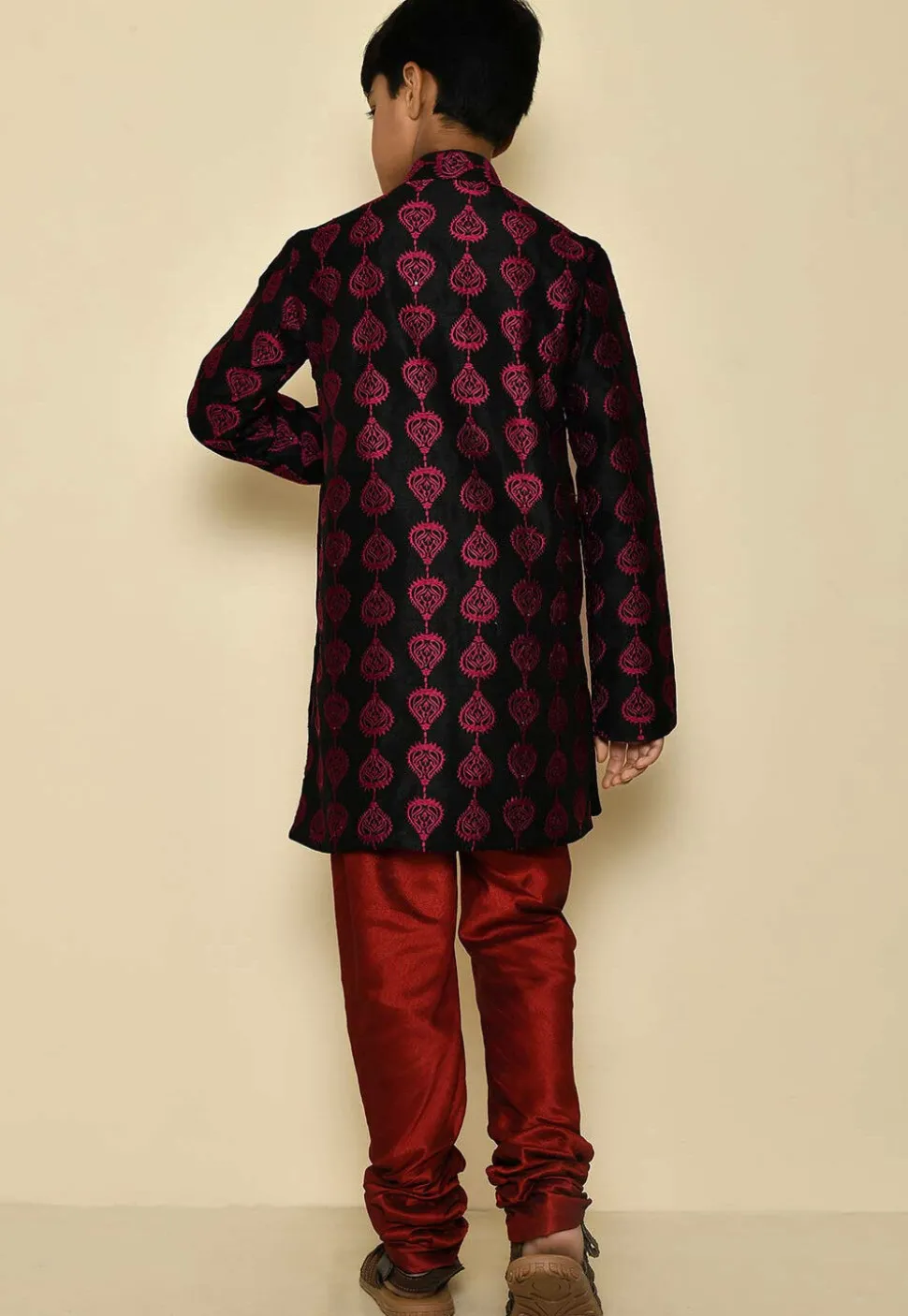 Embroidered Dupion Silk Sherwani Set in Black