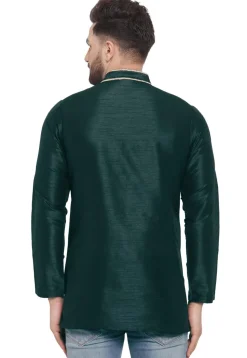 Embroidered Dupion Silk Short Kurta in Dark Teal Green