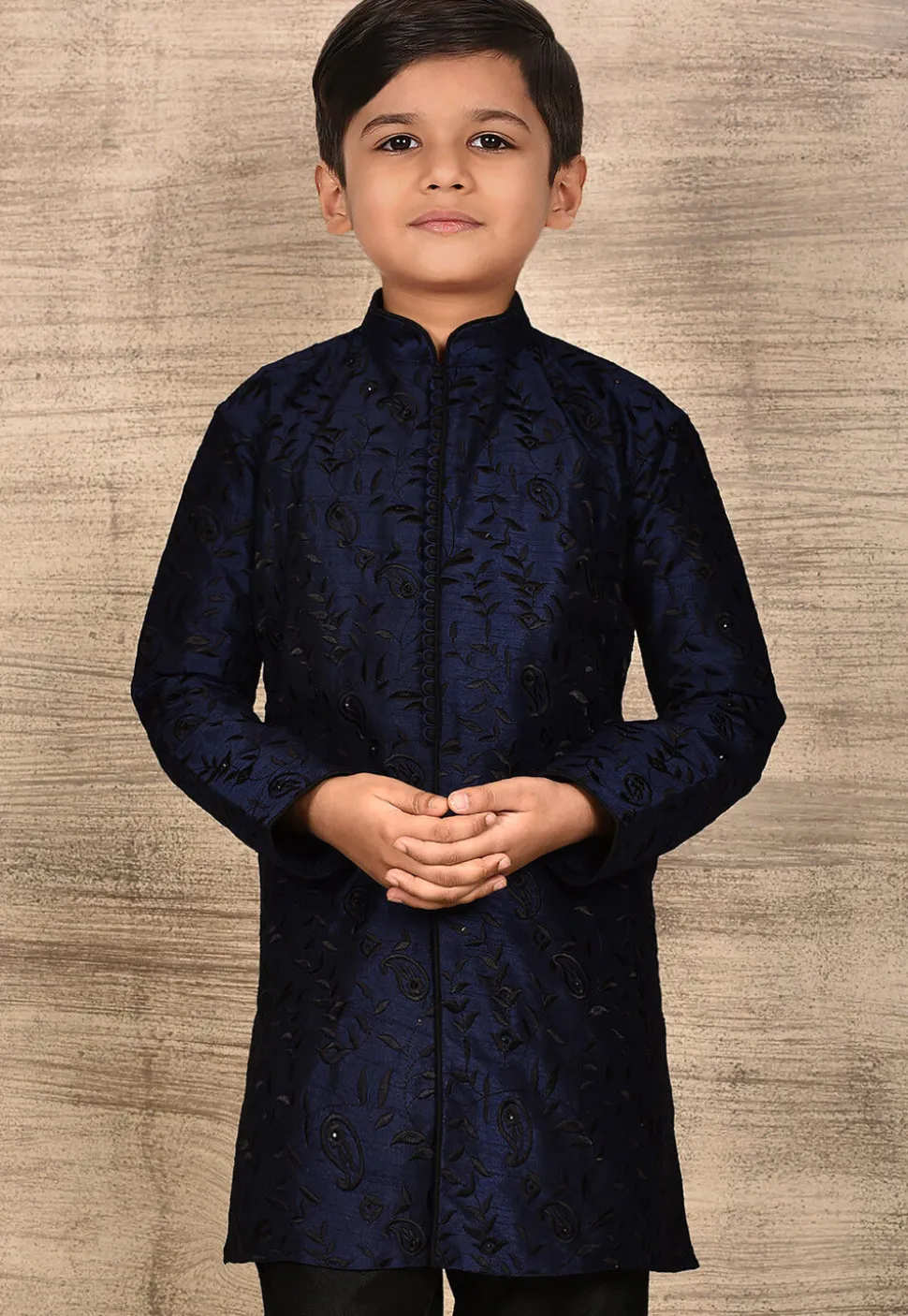 Embroidered Dupion Silk Sherwani in Navy Blue