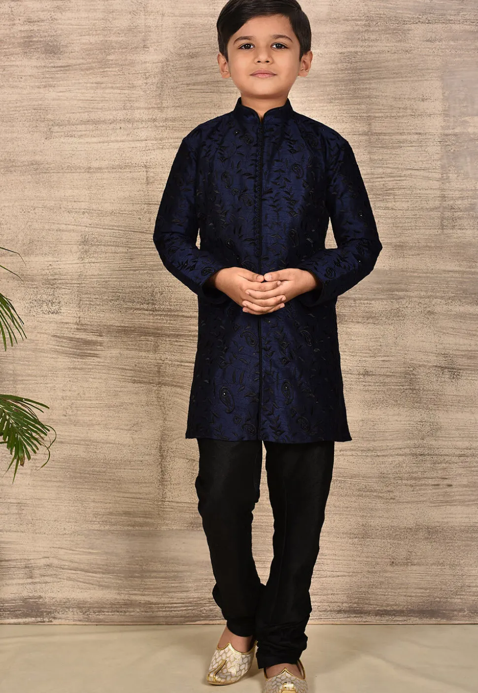 Embroidered Dupion Silk Sherwani in Navy Blue