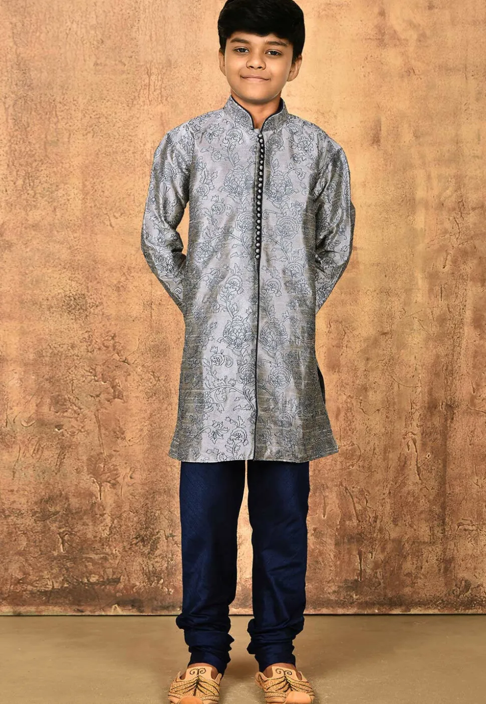 Embroidered Dupion Silk Sherwani Set in Grey