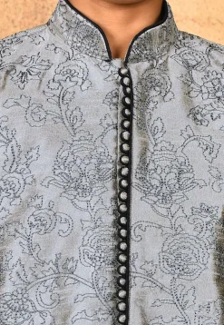 Embroidered Dupion Silk Sherwani Set in Grey