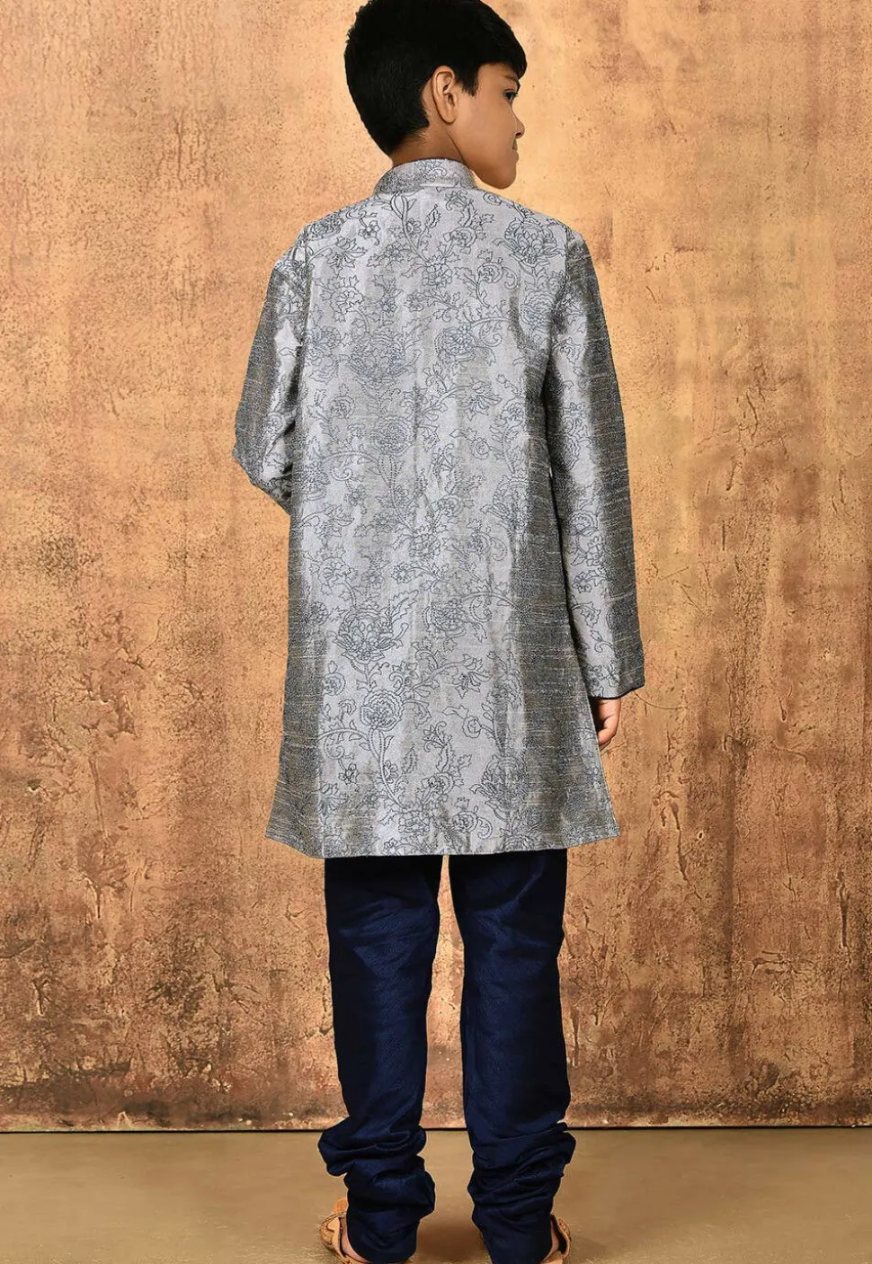 Embroidered Dupion Silk Sherwani Set in Grey