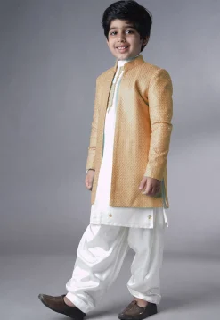 Embroidered Dupion Silk Sherwani Set in Off White and Beige