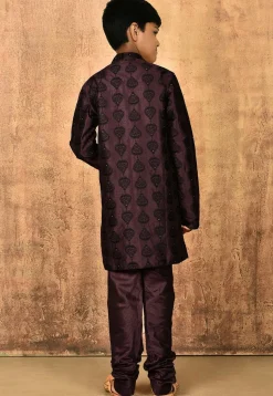 Embroidered Dupion Silk Sherwani Set in Wine