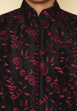Embroidered Dupion Silk Sherwani in Black