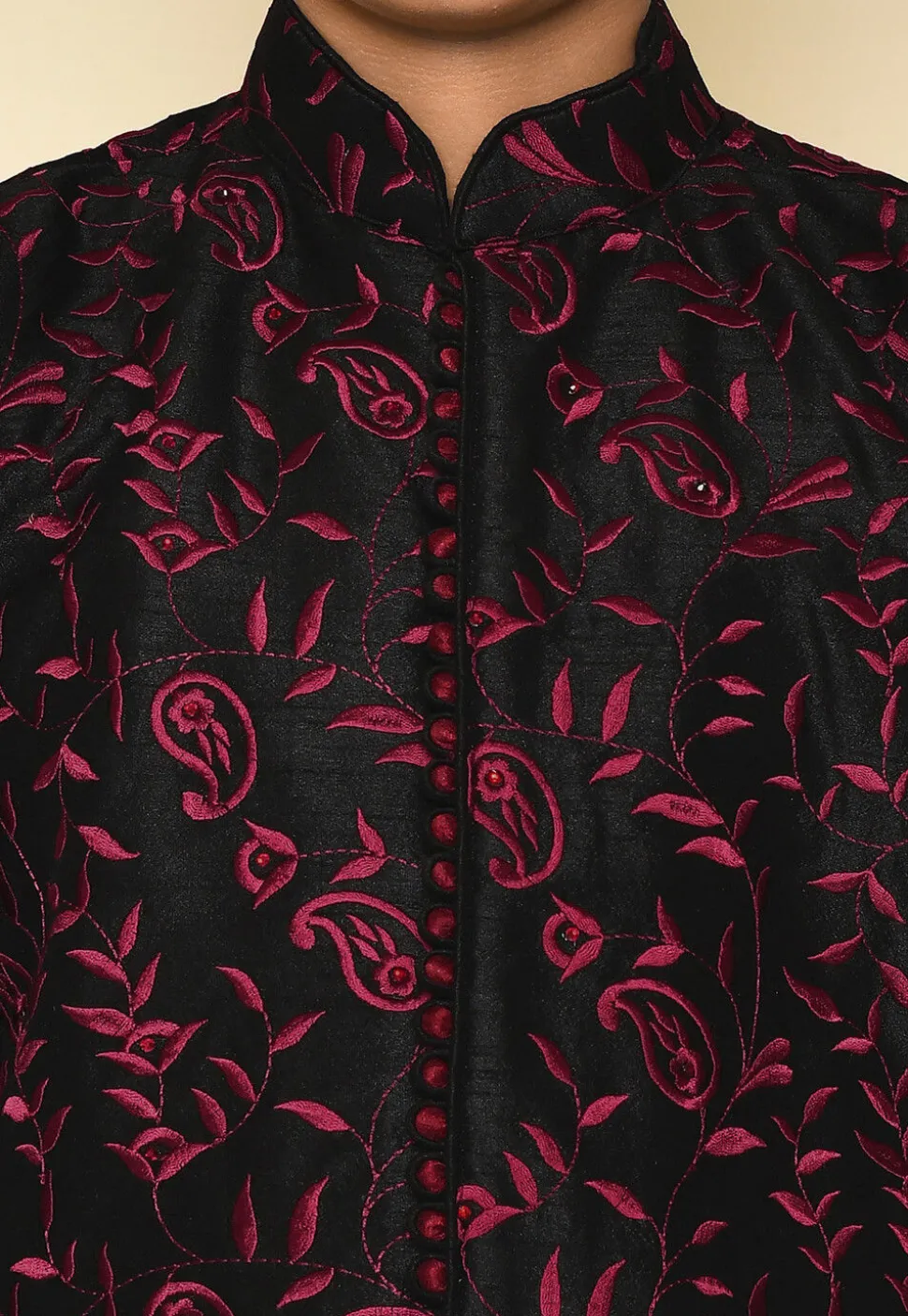 Embroidered Dupion Silk Sherwani in Black
