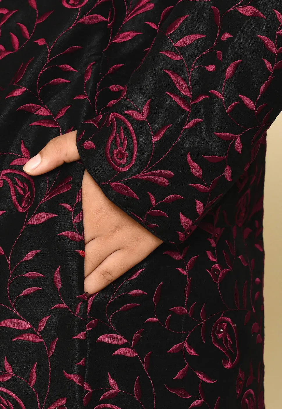 Embroidered Dupion Silk Sherwani in Black