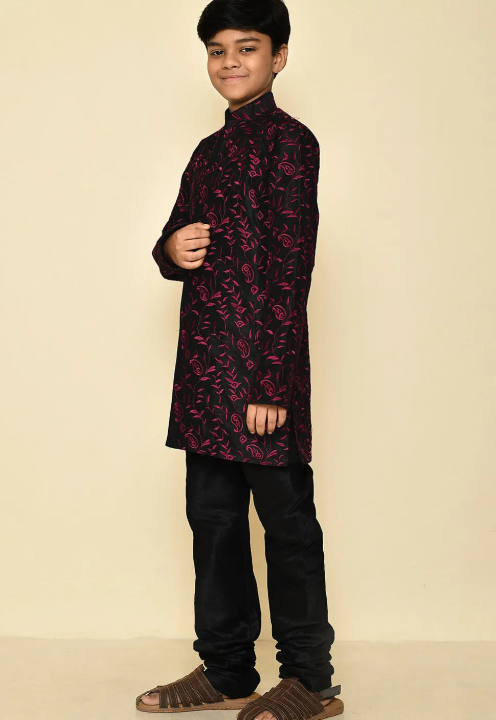 Embroidered Dupion Silk Sherwani in Black