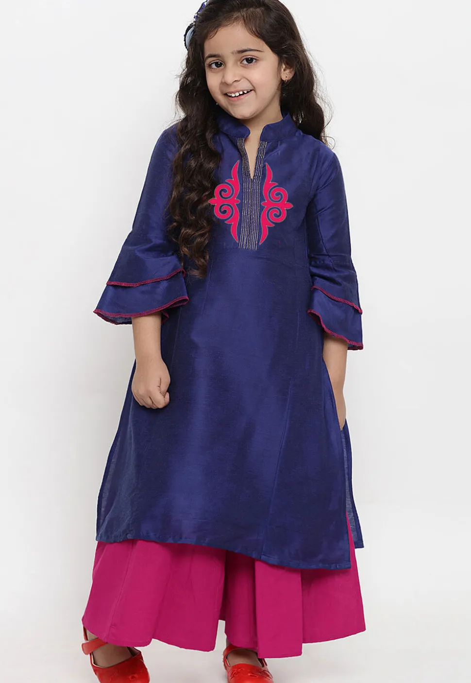 Embroidered Dupion Silk Straight Kurta Set in Navy Blue