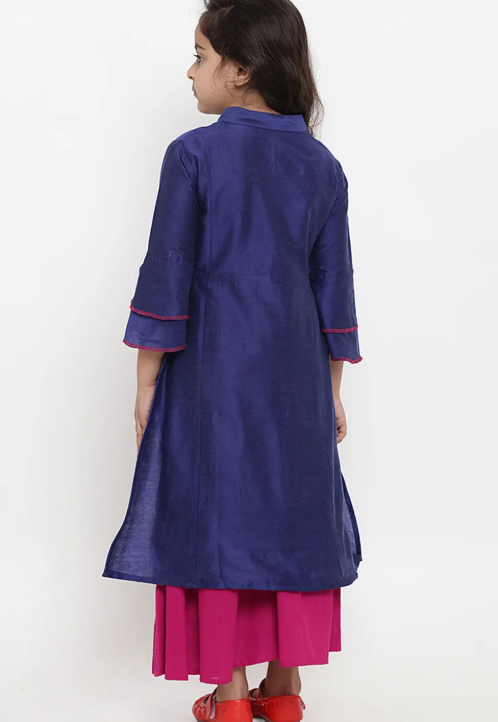 Embroidered Dupion Silk Straight Kurta Set in Navy Blue