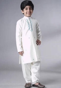 Embroidered Dupion Silk Sherwani Set in Off White