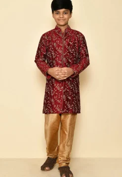 Embroidered Dupion Silk Sherwani Set in Maroon