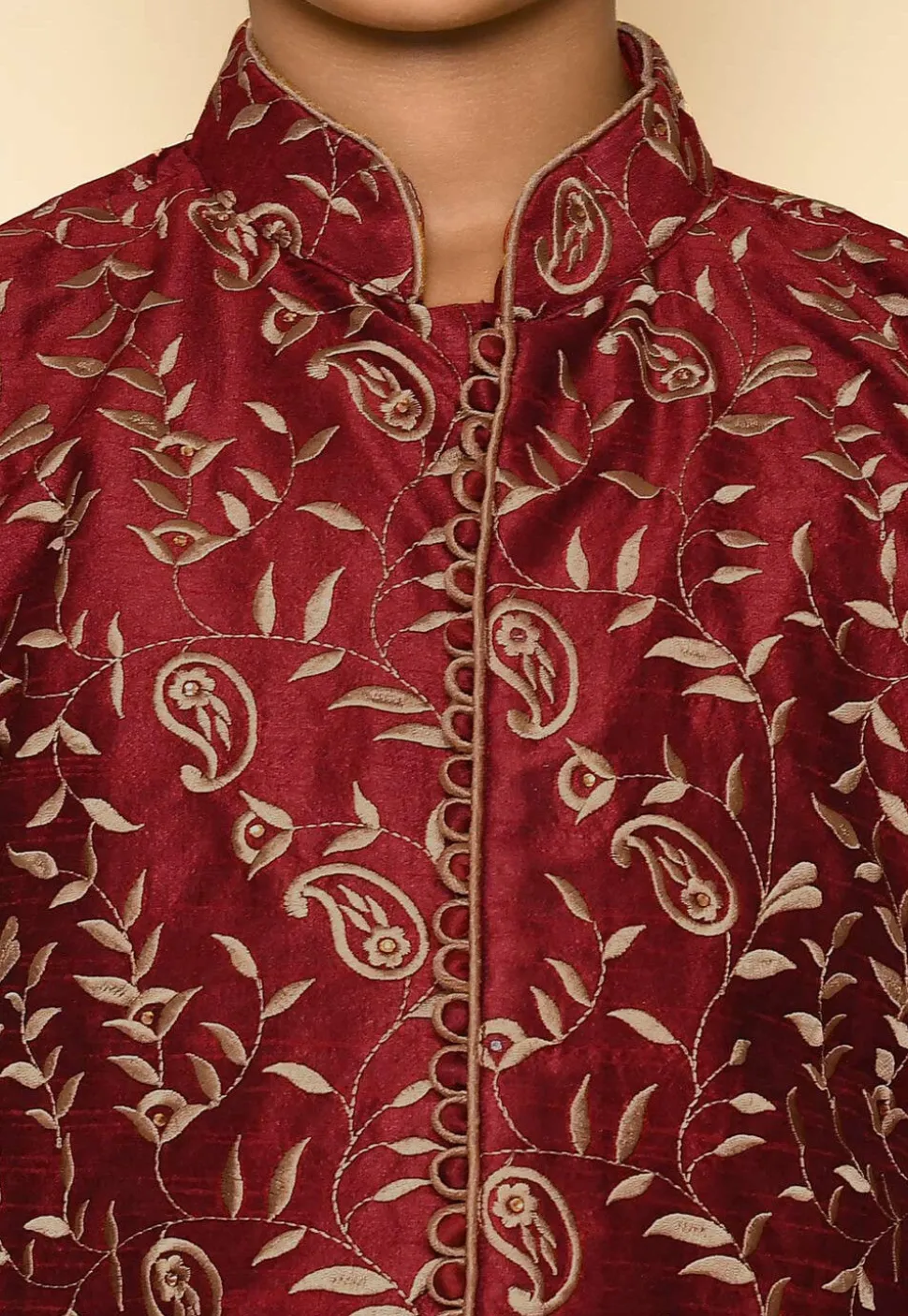 Embroidered Dupion Silk Sherwani Set in Maroon