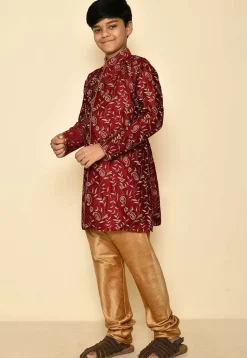 Embroidered Dupion Silk Sherwani Set in Maroon