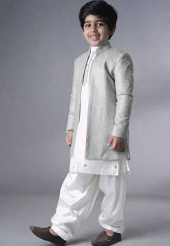 Embroidered Dupion Silk Sherwani Set in Off White and Grey