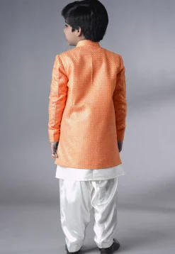 Embroidered Dupion Silk Sherwani Set in Off White and Peach
