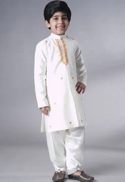 Embroidered Dupion Silk Sherwani Set in Off White and Peach
