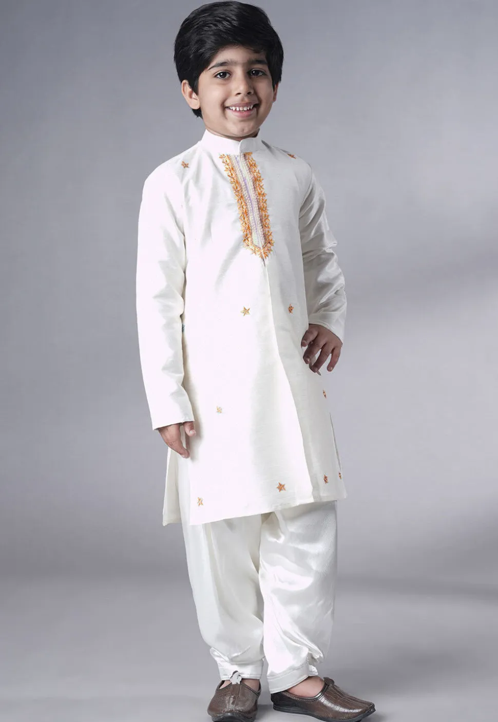 Embroidered Dupion Silk Sherwani Set in Off White and Peach